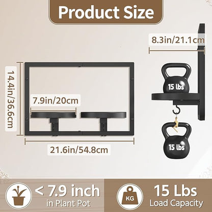 LASZOLA Black Wall Mount Plant Shelves with Hangers for Indoor Flower, Heavy Duty Metal Window Floating Planter Holders Stand, Modern Iron Picture Frame with Hook Decorative for Kitchen Bathroom