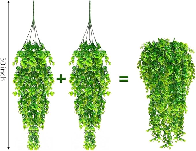 Fake Plants 2 Pack Artificial Hanging Plants, Faux Eucalyptus Plants Plastic Leaves Greeny Decor for Indoor Outdoor Walls, Patio Decor Porch Decor, Weddings and Halloween Christmas Decoration