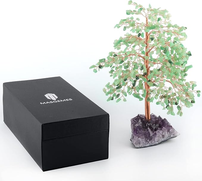 Gemstone Crystal Tree of Life, Natural Green Aventurine Jade, Chakra, Amethyst Geode Cluster, Positive Energy Healing Crystals, Feng Shui Decor Bonsai Money Tree, Size 10"-12