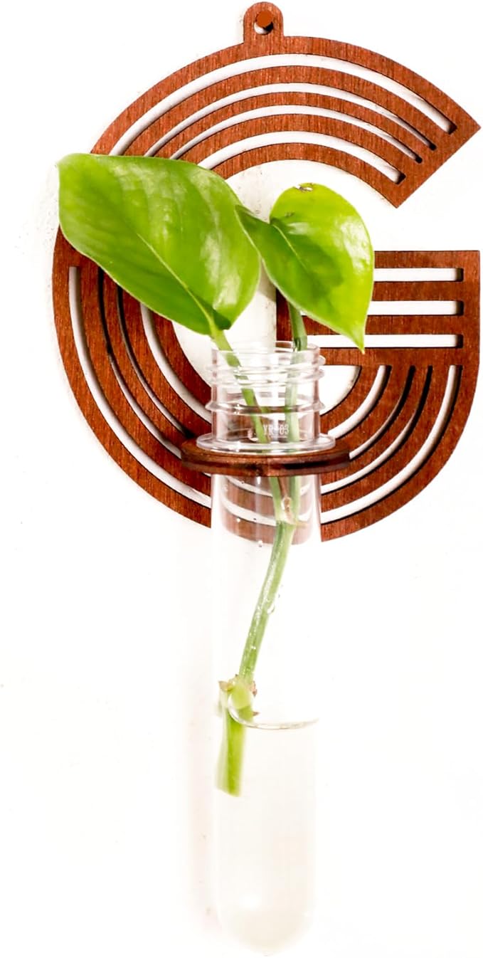Wood Letter Wall Planter Terrariums Propagation Station with Test Tube Clear Flower Vase for Hydroponics Custom Vertical Garden Walnut DIY Home Decor Hanging Plant Holder Alphabet