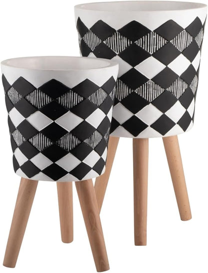 10/12" Set of 2 Geometric Planters for Outdoor and Indoor, Resin & Wood Mid-Century Modern Plant Pots with Stands for Garden and Home Decor, Herb, Succulent & Flower Pot
