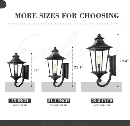 Emliviar 2 Pack Outdoor Sconces Wall Lighting, 15 Inch Modern Outdoor Wall Light with Clear Glass, Black Finish, XE292UB-2PK BK