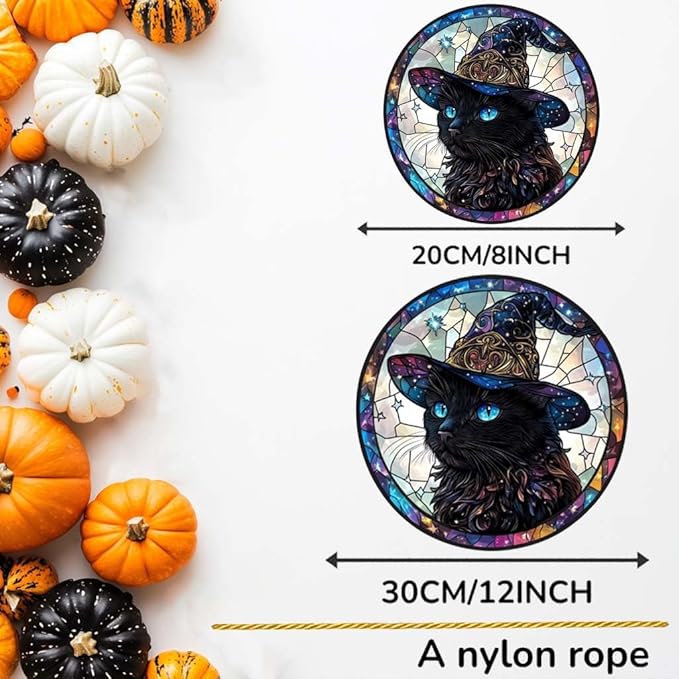 Acrylic Window Hanging Black Cat Wizard Stained Panel Window Decoration for Halloween Decorations Outdoor Indoor Garden Yard Home Halloween Decor 12 Inch