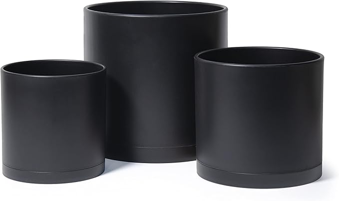 D'vine Dev 8 Inch 10 Inch 12 Inch, Set of 3 Plastic Planter Pots for Plants with Drainage Hole and Seamless Saucers, Black Color, X-Large, 74-V-B-5