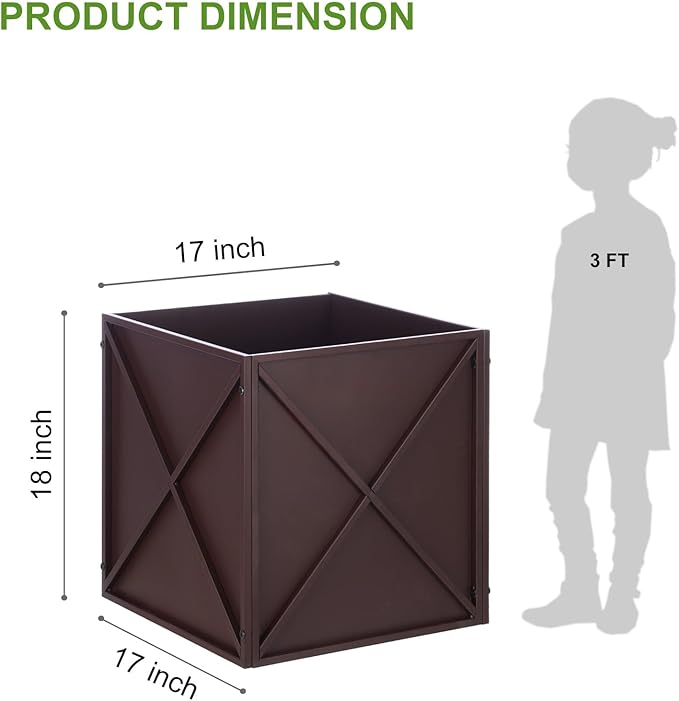 BAYN Metal Square Planter Box Tall Planters for Outdoor Plants Modern Heavy Duty with Drainage Holes for Outside Indoor Patio Deck - Brown, 17”x 17”x 18”