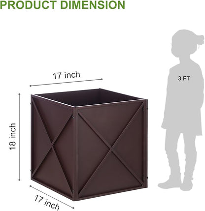 BAYN Metal Square Planter Box Tall Planters for Outdoor Plants Modern Heavy Duty with Drainage Holes for Outside Indoor Patio Deck - Brown, 17”x 17”x 18”