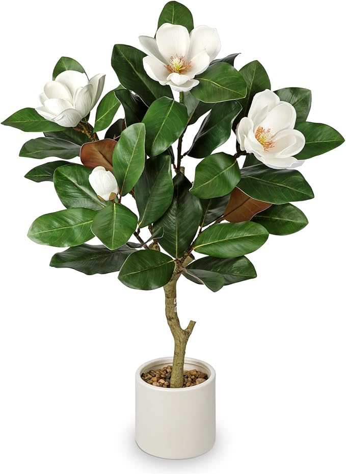 Briful 3FT Artificial Magnolia Flower Tree Faux White Magnolia Floral Tree with Cream Resin Pot Silk Flower Tree for Home & Office Living Room Décor
