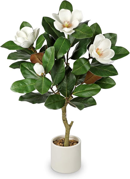 Briful 3FT Artificial Magnolia Flower Tree Faux White Magnolia Floral Tree with Cream Resin Pot Silk Flower Tree for Home & Office Living Room Décor