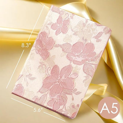 Pink Notebook, A5, Ruled Journal, Hardcover, Lay-flat, Embroidered Flower Journal, Beautiful Journal, Cute Notebooks for Women, Gift for Her, Writing Journal, Gratitude Journal, Peach Blossom