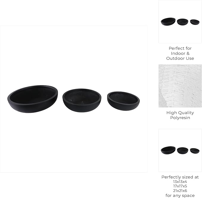 Set of 3 Decorative Resin Planter Pots – Minimalist Sleek Finish Design – Indoor Outdoor Plant Holders – Contemporary Modern Pot Set for Living Room, Entryway, Patio or Garden – 6", 5", 4", Black