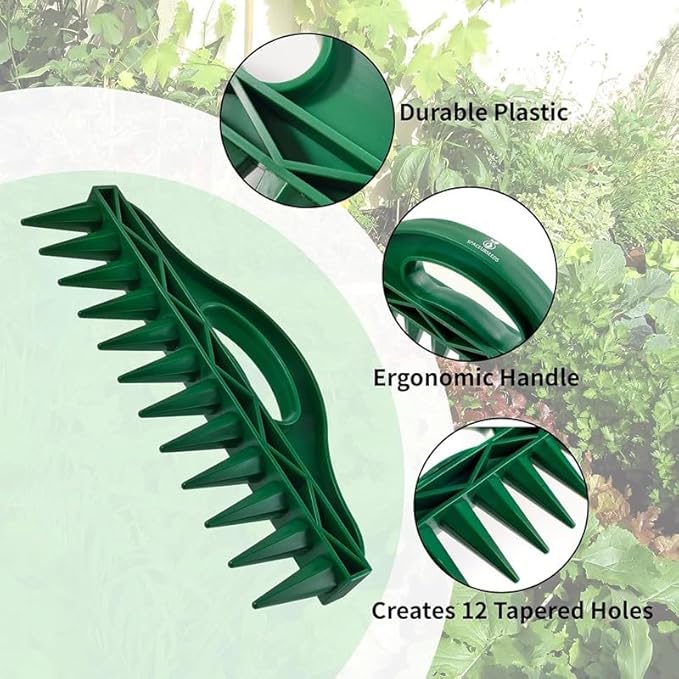 12-Hole Seed Planter Tool Kit – Adjustable 5-Speed Handheld Seed Spreader, Soil Punch & Spacer for Planting Small Seeds, ABS Gardening Tools (4-Piece Set: Digger, Rake, Planter, Transplanter)
