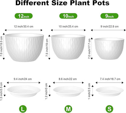 12/10/9 Inch Planter Pots, 3-Pack Large Flower Pots for Indoor Outdoor Garden Plants, Big Plant Pots with Multi Mesh Drainage Holes and Saucer (White, 12"+10"+9")