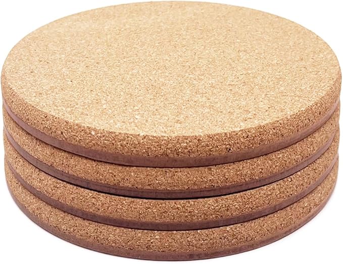Cork Plant Coasters, Double Layers Hard Thick Cork Planter Coaster, 4 Inch Absorbent Cork Plant Mats, Cork Trivets for Hot Dishes, Cork Plant Coasters for House Plants, 4 Pcs