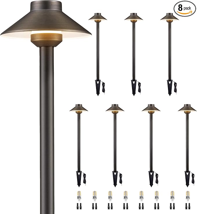 Gardenreet Brass Low Voltage Path Lights - 12V Landscaping Pathway Light IP65 Waterproof, Wired Walkway Lighting Outdoor, LED Antique Bronze for Lawn Backyard with 3W 5000K Daylight G4 Bulb (8 Pack)