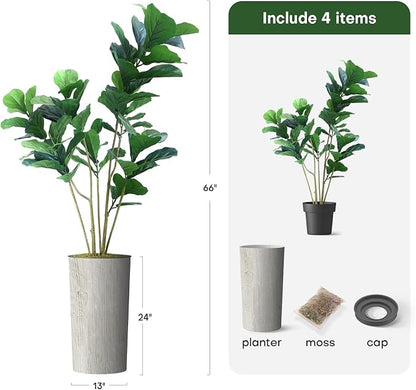 Artificial Tree in Modern Swirl Pattern Planter, Fake Ficus Lyrata Silk Tree for Indoor and Outdoor Home Decoration - 66" Overall Tall (Plant Pot Plus Tree)