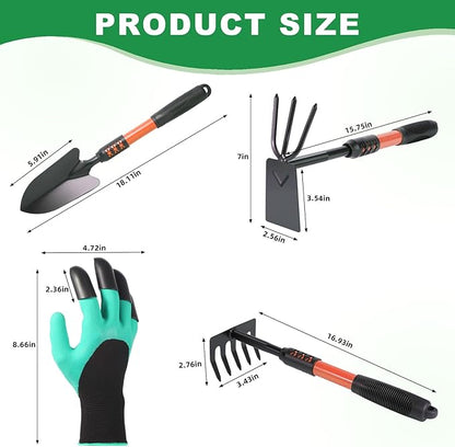 Garden Tool Set, 4 Pack Gardening Tools, Stainless Steel Heavy Duty Hand Cultivator, Hoes, Shovel, for Planting Weeding Digging, Gardening Gifts for Women,Orange