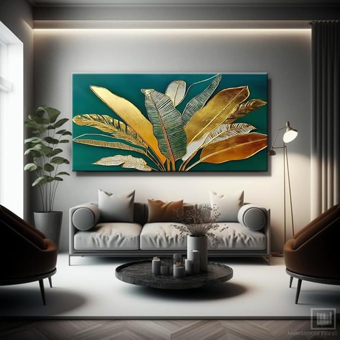 Green Leaf Wall Art, Green and Gold Leaves Wall Painting, Emerald Green Tropical Botanical Décor Canvas Prints, Abstract Sage Boho Painting for Office Home Décor, Ready to Hang 46L" x 23W"
