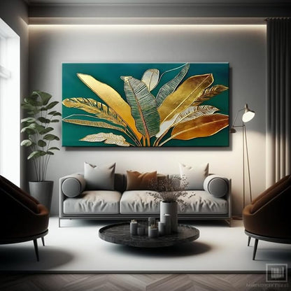 Green Leaf Wall Art, Green and Gold Leaves Wall Painting, Emerald Green Tropical Botanical Décor Canvas Prints, Abstract Sage Boho Painting for Office Home Décor, Ready to Hang 46L" x 23W"