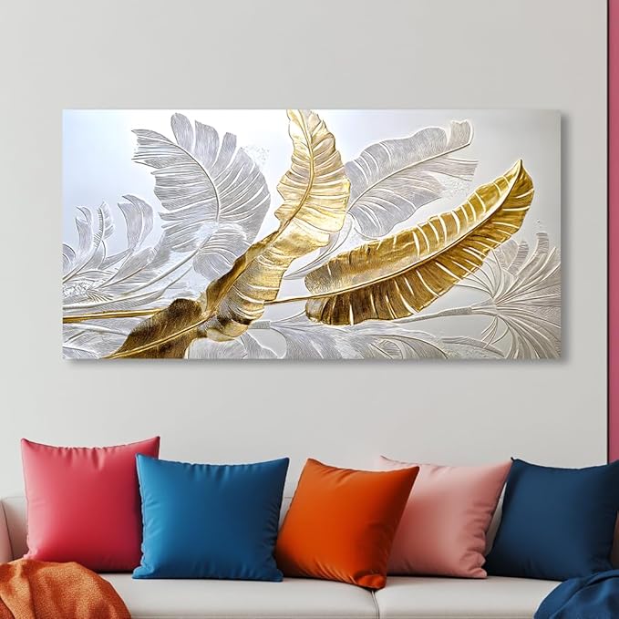 Gold Silver Leaf Canvas Wall Art Golden Silver Palm Leaves Art Painting Abstract Leaf Landscape Painting Textured Modern Aesthetic Nature-Inspired Metallic Leaf Picture Artwork for Living Room, Bedroom & Office, Ready to Hang (20x40 Inches)
