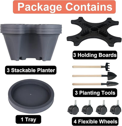 GameXcel Vertical Planter 3 Tier Stackable Planters Garden Planters Strawberry Herb Flower and Vegetable Planter Indoor Outdoor Gardening Pots with Removable Wheels and Tools