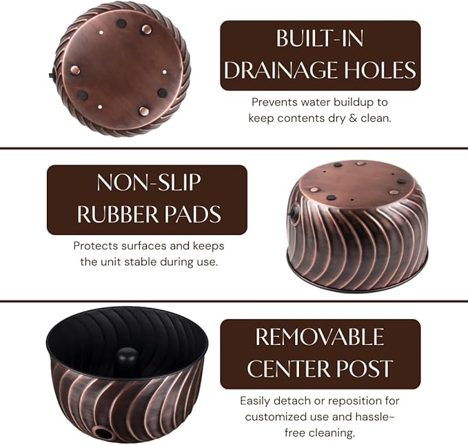 Monarch Abode Garden Hose Holder with Lid – Decorative Water Hose Holders for Outside, Wave Embossed Metal Antique Copper Pot with Drainage, 100ft Waterhose Holder for Outside, Garden Storage Caddy