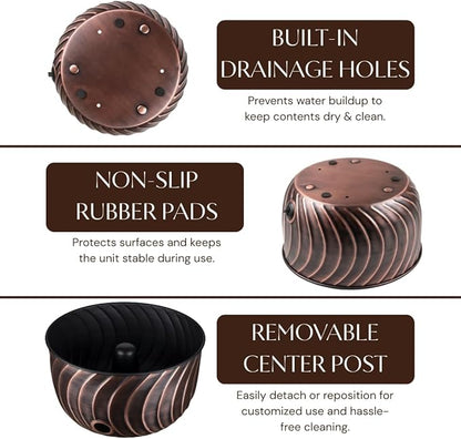 Monarch Abode Garden Hose Holder with Lid – Decorative Water Hose Holders for Outside, Wave Embossed Metal Antique Copper Pot with Drainage, 100ft Waterhose Holder for Outside, Garden Storage Caddy