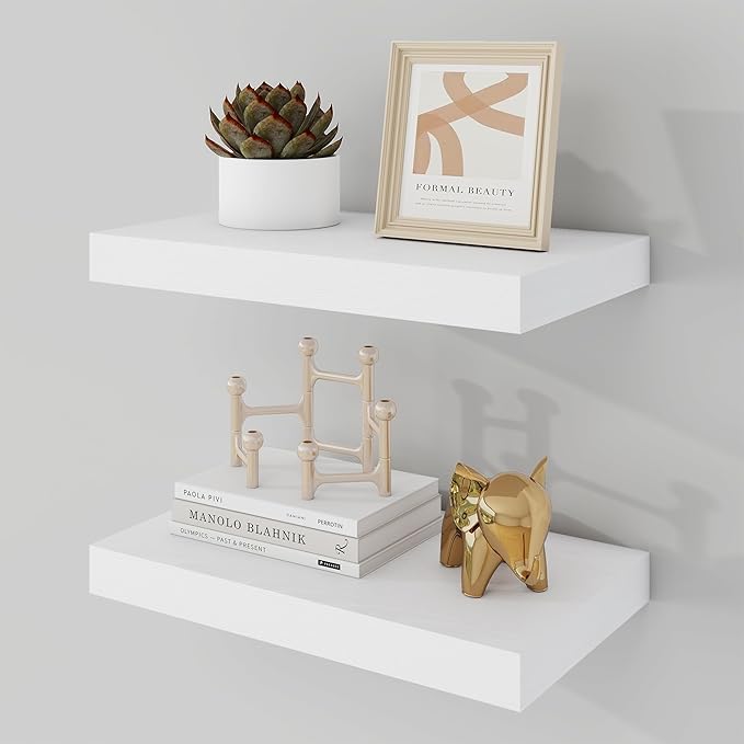 16 Inch Floating Shelves, 9.3" Deep Floating Shelf Wall Mounted, 16" Wall Shelves, Rustic Deep Bookshelf, Large Display Shelves & Storage Shelves for Bedroom, Living Room, White, Set of 2