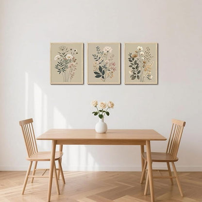 CHMMART 3 Piece Botanical Floral Framed Wall Art Vintage Flower Canvas Art Prints Wildflower Pictures Wall Decor Nature Painting Artwork for Living Room Bedroom Bathroom 12x16in