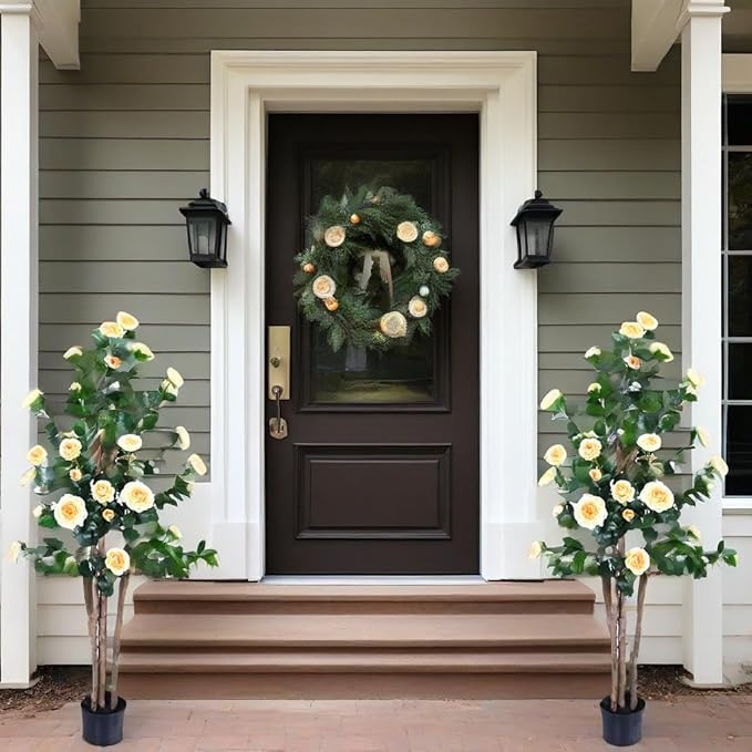 2pc 5ft Decorative Artificial Camellia Tree with YellowFlowers, Potted Faux Floral Plant, Realistic Blooming Fake Plants for Indoor Outdoor Home Front Door Planter Decor