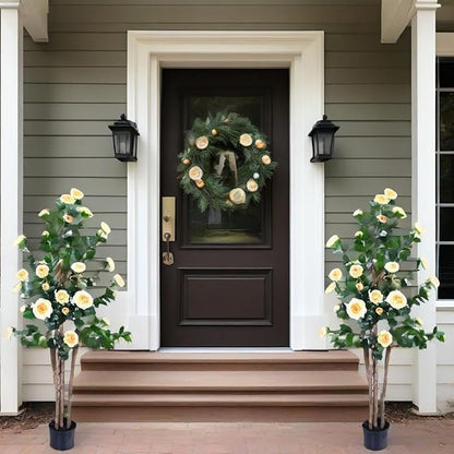2pc 5ft Decorative Artificial Camellia Tree with YellowFlowers, Potted Faux Floral Plant, Realistic Blooming Fake Plants for Indoor Outdoor Home Front Door Planter Decor