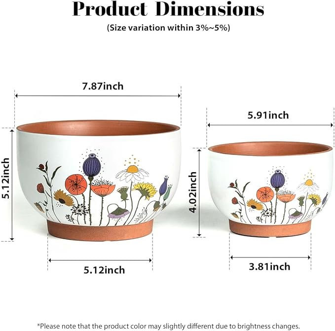 YBX 8 Inch & 6 Inch Terracotta Plant Pots, Flower Pots for Indoor Plants with Drainage, Planters with Floral Accent for Indoor Plants (French Country)
