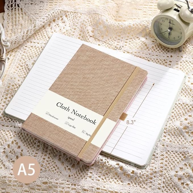 ipoul Linen Journal, A5, 8x6, Ruled Notebook, Journal for Writing, Hardcover, Lay Flat, with Band Closure & Pen Holder, Pink