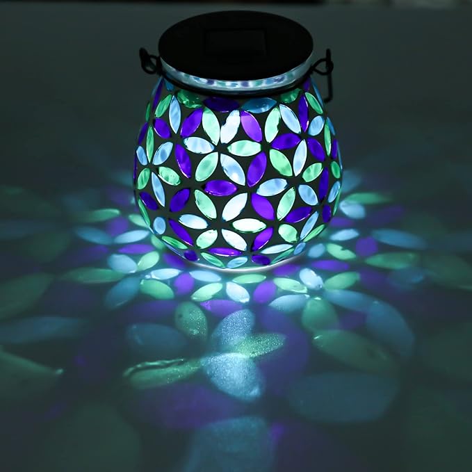 Afirst Mosaic Solar Lanterns Outdoor - Glass Hanging Solar Lights Hollow Out Waterproof Table Lamp Outdoor Decorative for Garden, Patio, Holiday Party Outdoor Decoration