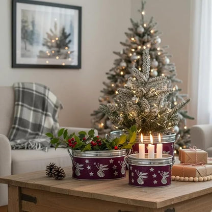Set of 3 Vintage Christmas Metal Planters – Embossed Angel & Star Cachepots with Silver Rims, Purple Galvanized Holiday Decor (10″, 9″, 7″ W)