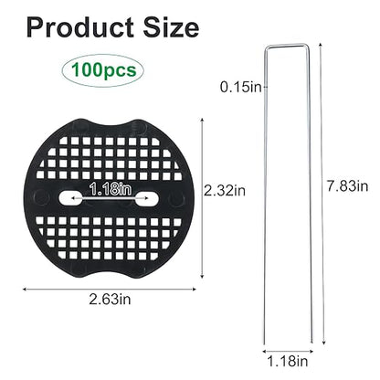 Finderomend 100 Pack Landscape Staples and 100 Pack Gaskets,8" Long 9 Gauge Galvanized Steel Garden Staples with Black Pads,Landscape Pins Turf Staples for Securing Weed Barrier Artificial Grass