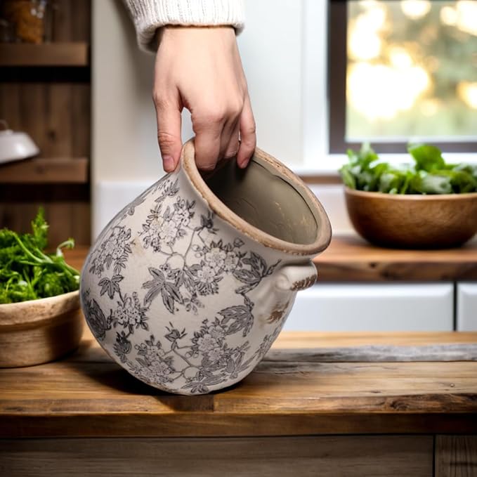 Planters for Indoor Plants, Vintage Ceramic Pots for Plant, Rustic Tuscan Vase & Decor, Plant Pots w/Drainage, 6.68in. Flower Pot & Ceramic vase, Grandma Gifts, Home Decor, Rustic Grey