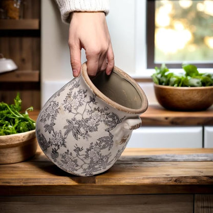 Planters for Indoor Plants, Vintage Ceramic Pots for Plant, Rustic Tuscan Vase & Decor, Plant Pots w/Drainage, 6.68in. Flower Pot & Ceramic vase, Grandma Gifts, Home Decor, Rustic Grey