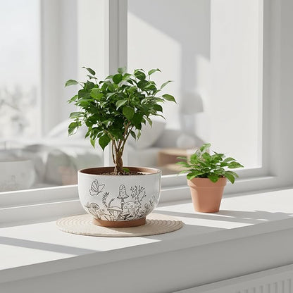 YBX 8 Inch & 6 Inch Terracotta Pots, Plant Pots, Flower Pots for Indoor Plants with Drainage, Planters with Mushroom Accent for Indoor Plants (Cottage)
