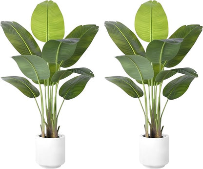 Artificial Bird of Paradise Plant 4Ft Tall Fake Tropical Palm Tree Large Fake Plants with 9 Silk Banana Leaves Faux Plant Indoor Decor Trees with White Pot for Home Bedroom Living Room Office（2pcs）