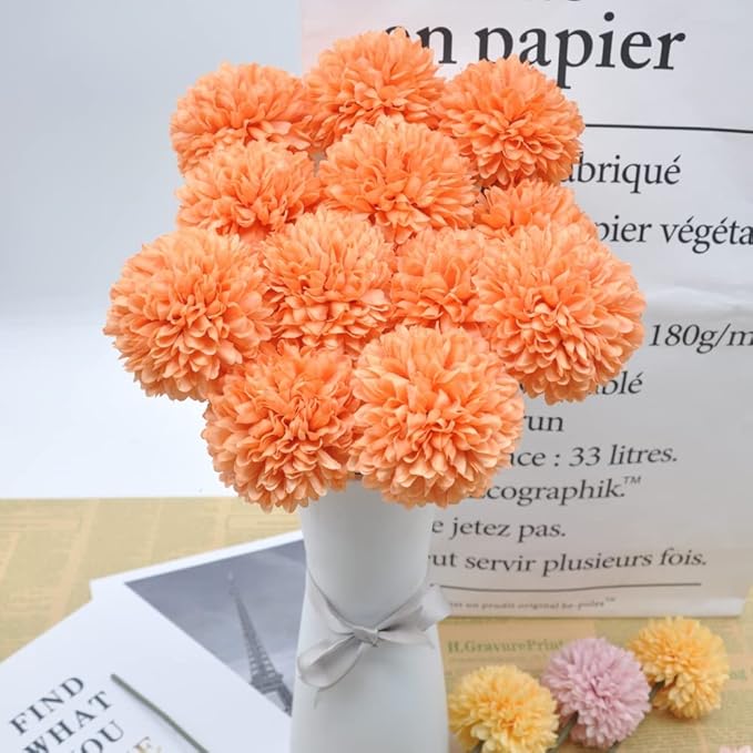 Artificial Flowers Chrysanthemum Ball Flowers 10pcs Bouquet for Autumn for Important People Glorious Moral for Home Office Coffee House Deco Parties and Wedding(Orange)