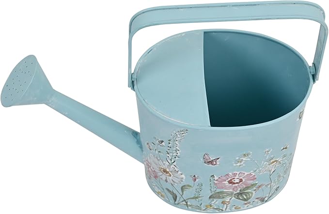 Vintage Floral Metal Watering Can for Indoor/Outdoor Plants, Blue Functional Garden Waterer with Long Spout, Garden Water Pot Rustic Decor for Home Garden Patio