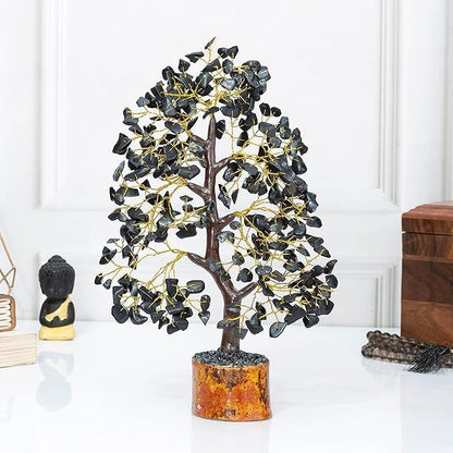 WC Black Tourmaline Chakra Tree of Life - Crystal Tree for Positive Energy, Handmade Gemstone Tree Good Luck Balck Healing Crystals for Sacral Chakra, Prosperity Gift Feng Shui Decor (300 Beads)
