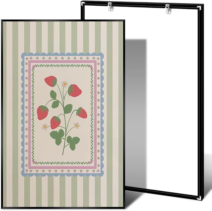 Vintage Green Striped Strawberry Canvas Prints Painting Trendy Botanical Flowers Posters Cute Fruit Cottagecore Wall Art Farmhouse Boho Aesthetic Pictures Decor for Kitchen 20x30inch Metal Black Frame