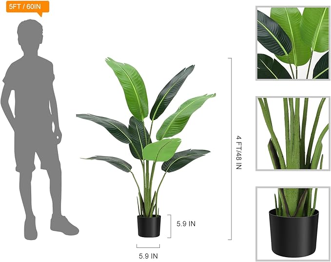 4ft Artificial Canna Lily Plant, Tall Faux Plants with 8 Trunks Faux Leaves, Artificial Plants Indoor Outdoor with Black Nursery Pot for Home Decor Office Living Room 2 Pack