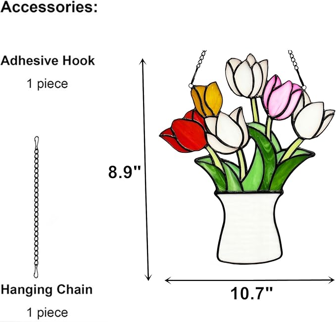 Tulip Stained Glass Window Hangings Flower Suncatcher Ornament, Handmade Tiffany Style Stained Glass Flower Decor Gifts for Women Mom Teacher,Wedding Birthday Christmas Celebration Gifts