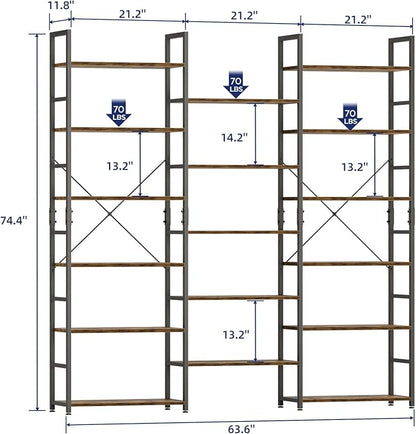 NUMENN Triple Wide 6 Tier Bookshelf, Rustic Industrial Style Bookcases and Bookshelves with 17 Open Display Shelves, Modern Tall Bookcase Furniture for Bedroom, Living Room and Home Office, Vintage