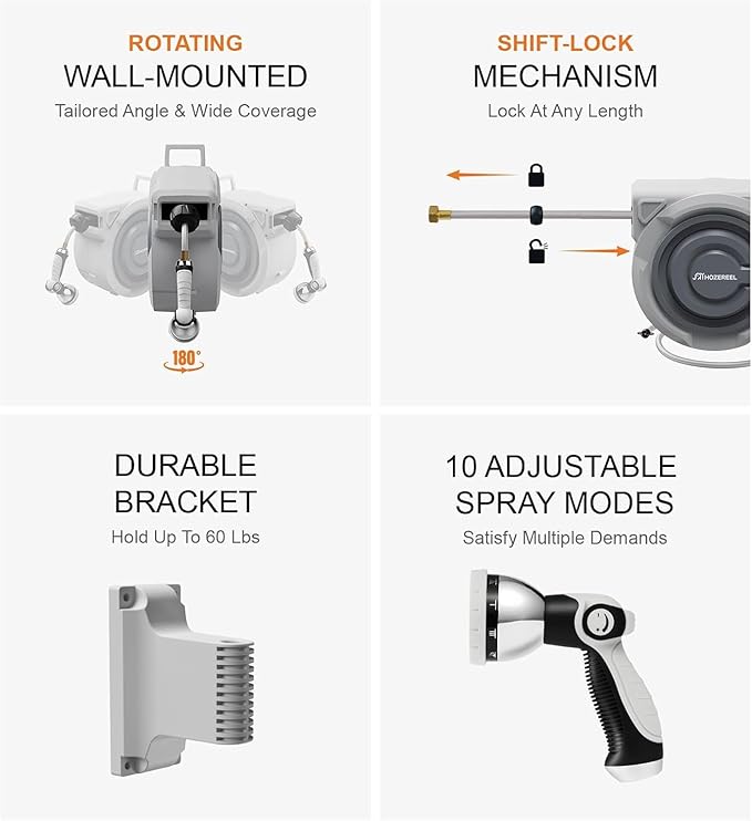 150 FT x 1/2" Retractable Garden Hose Reel by HOZEREEL, Outdoor Garden Hose Reels - Automatic Self Retract Wall Mount Hose Reel Enclosed Storage, Any Length Lock, 10 Pattern Nozzle-Grey