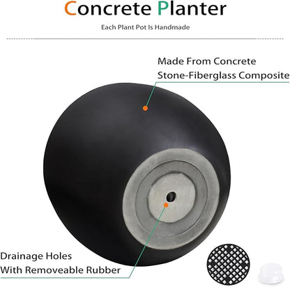 Ball Concrete Planter Outdoor Indoor, Large Tall Cement Plant Pots for Trees Flowers (Black, 16 inch)