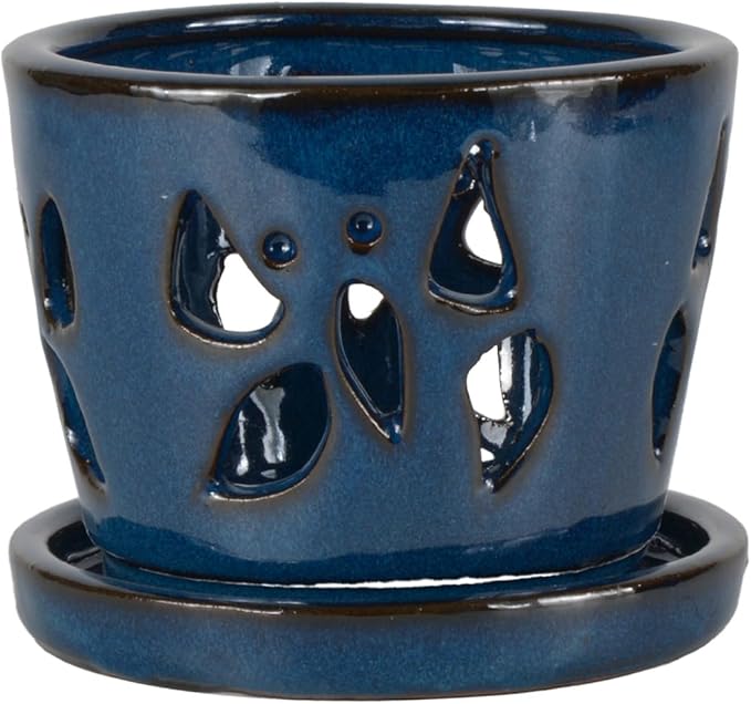 W&W Orchid Pot with Holes and Saucer for Repotting, Blue, 5 Inches