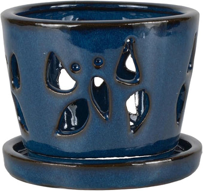 W&W Orchid Pot with Holes and Saucer for Repotting, Blue, 5 Inches